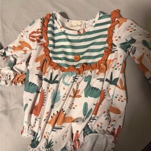 MinnieMade Dinosaur Print Bodysuit - Orange and Green